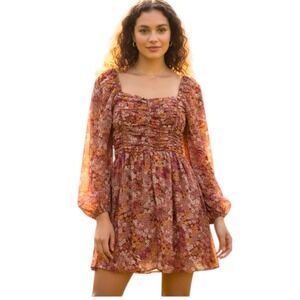 Crystal Doll Dress  Orange XS Floral Mini Chiffon Cottagecore Coquette Prairie